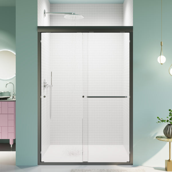 44'-48'W*72' H Semi-Frameless Double Sliding Shower Door, Bypass Shower Door, 1/4' (6mm) Thick SGCC Tempered Glass Door, Matte Black